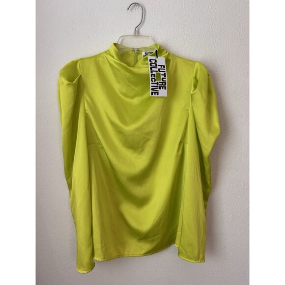 NWT Future Collective Women's M Neon Lime Green Puff Sleeve Mock Neck Blouse Top - Picture 1 of 13